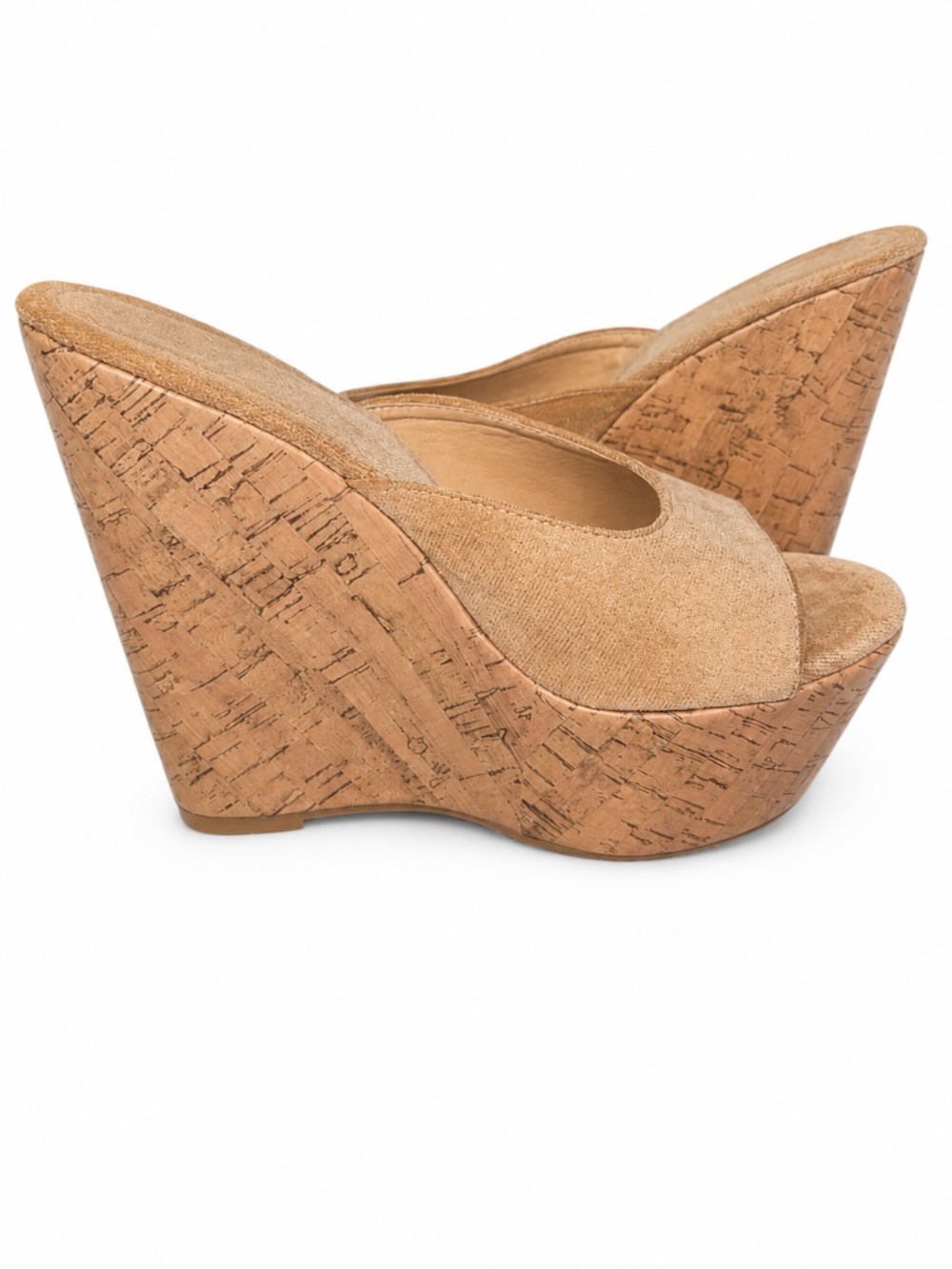 Tan Faux Suede Cork Platform Wedge Slide Sandals